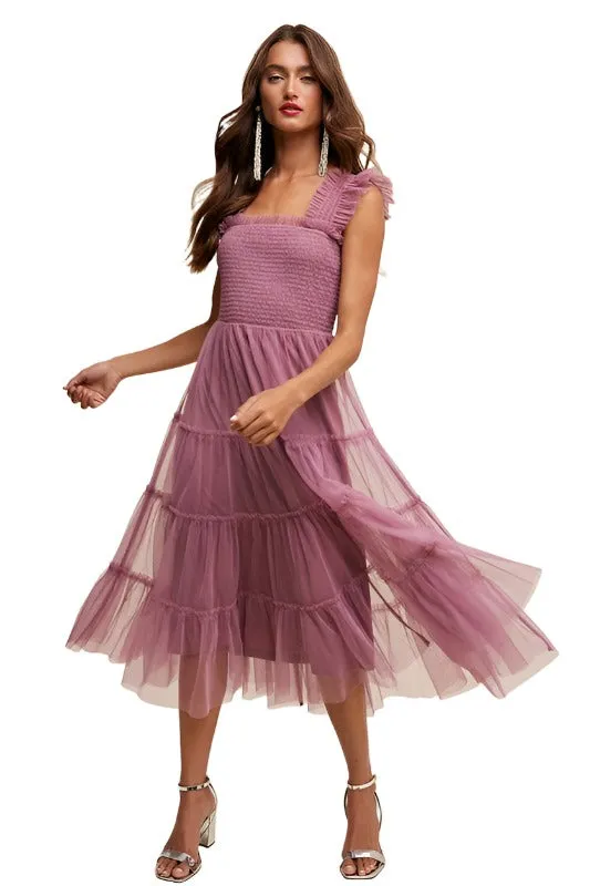 Smocked Ruffle Tiered Mesh Midi Maxi Dress