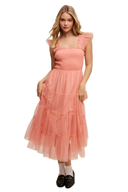 Smocked Ruffle Tiered Mesh Midi Maxi Dress