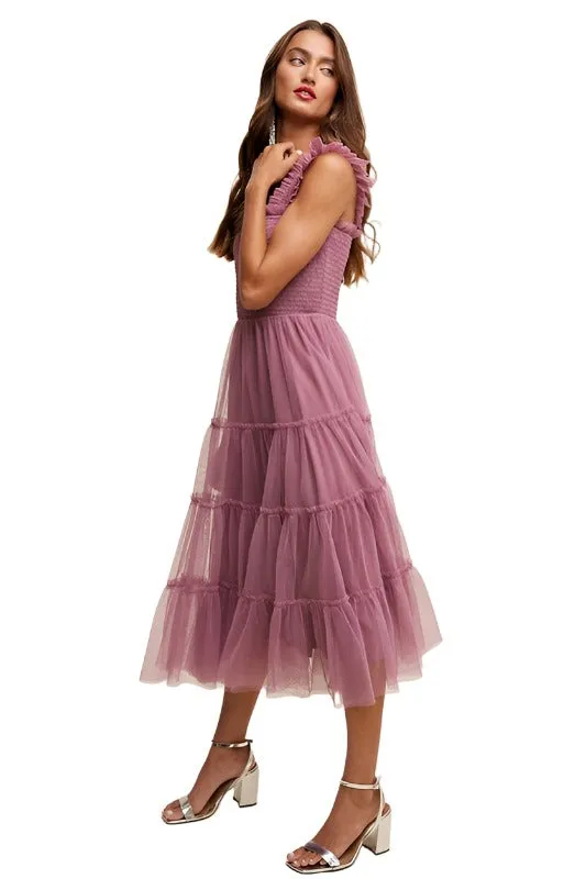 Smocked Ruffle Tiered Mesh Midi Maxi Dress