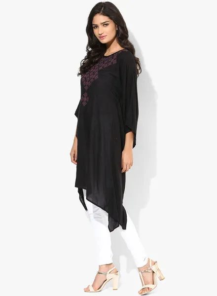 Solid Black Embroidered Kaftan Top - (Final Sale)