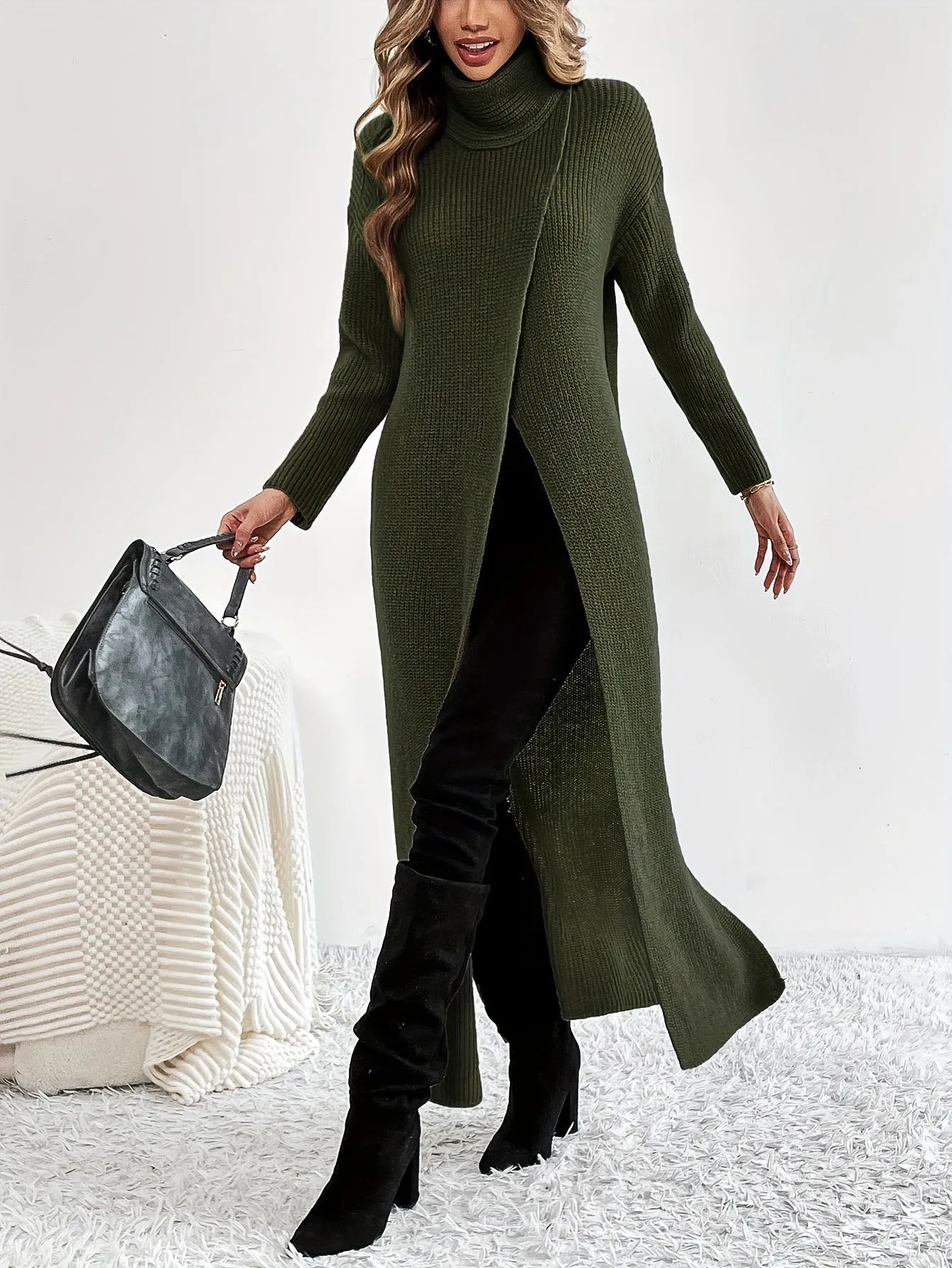 Solid High Neck Split Dress, Elegant Long Sleeve Maxi Dress, Women's Clothing