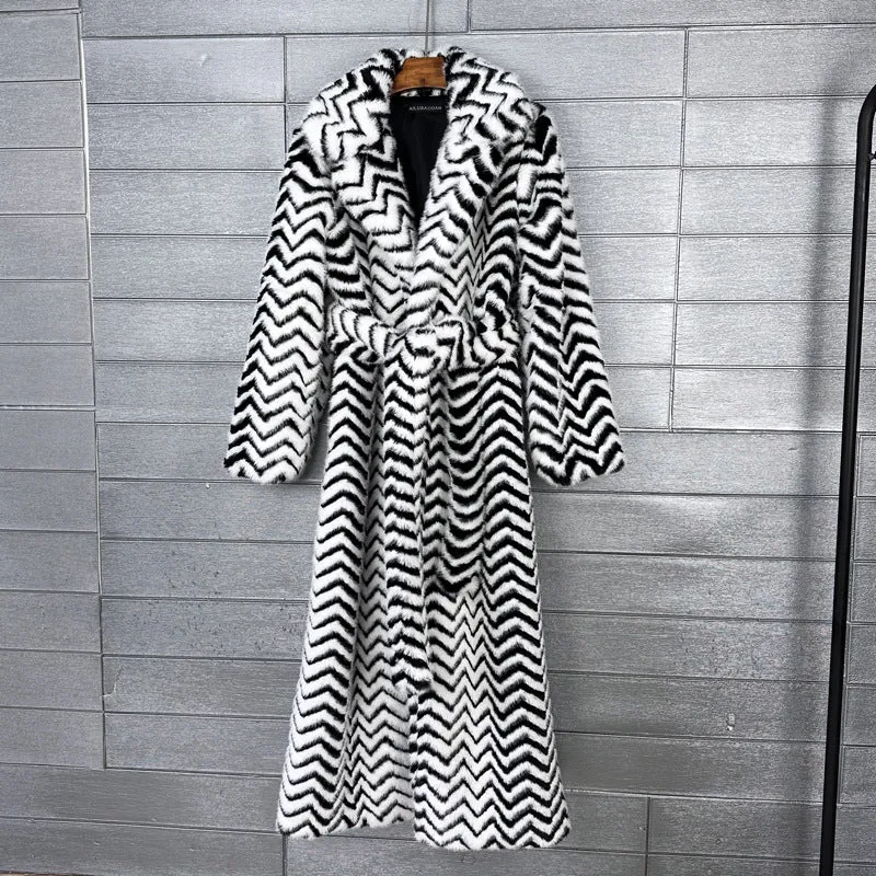 Striped Belted Fluffy Faux Fur Coat