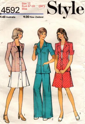 Style 4592 Womens Jacket with Turn Back Cuffs Skirt & Flared Pants 1970s Vintage Sewing Pattern Size 12 Bust 34 inches