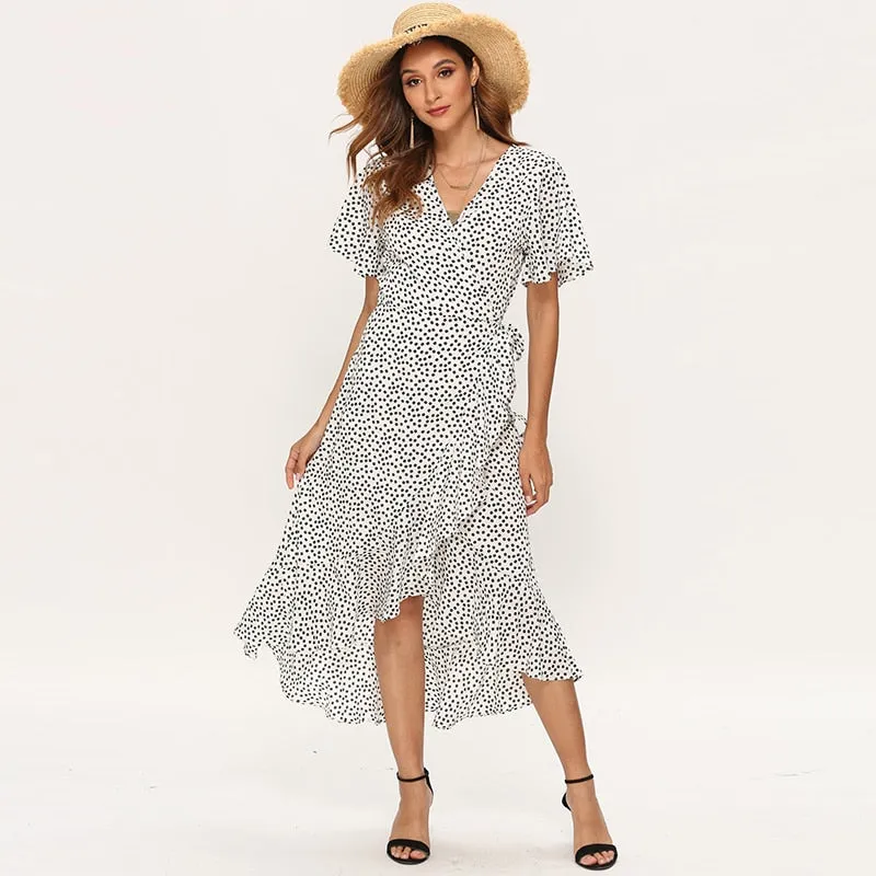 Summer Beach Maxi Floral Print Boho Long Dress Ruffles Wrap Casual V-Neck Split Beach Party Dress Robe