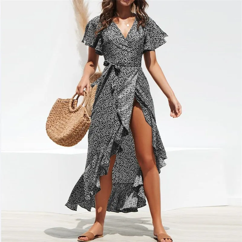 Summer Beach Maxi Floral Print Boho Long Dress Ruffles Wrap Casual V-Neck Split Beach Party Dress Robe