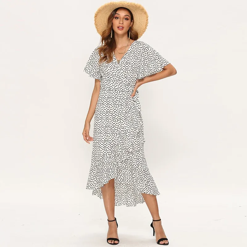 Summer Beach Maxi Floral Print Boho Long Dress Ruffles Wrap Casual V-Neck Split Beach Party Dress Robe