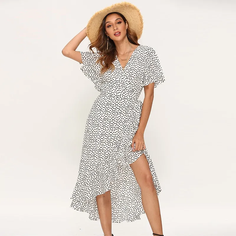 Summer Beach Maxi Floral Print Boho Long Dress Ruffles Wrap Casual V-Neck Split Beach Party Dress Robe