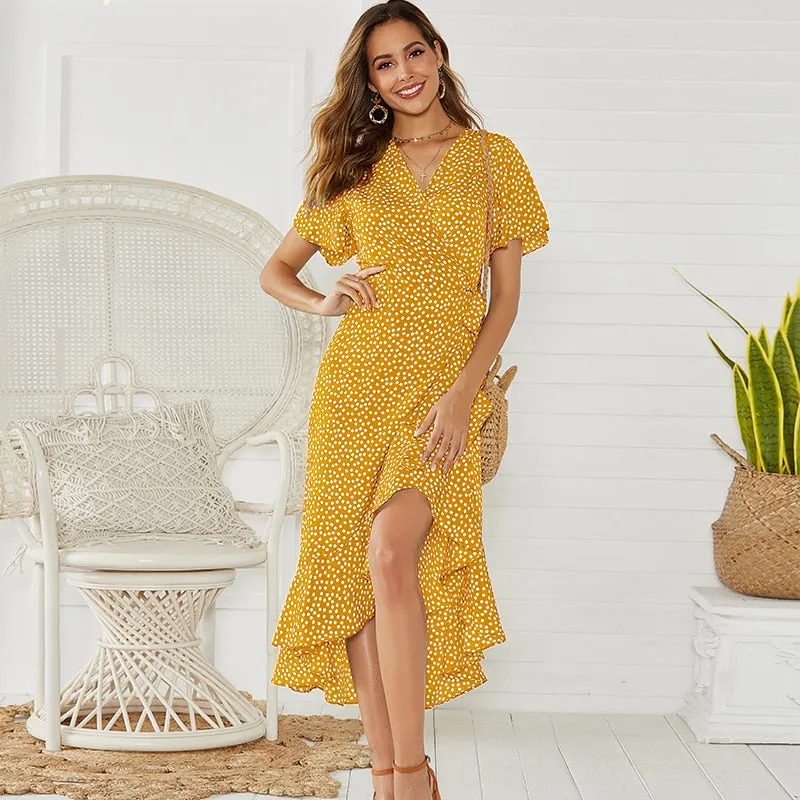 Summer Beach Maxi Floral Print Boho Long Dress Ruffles Wrap Casual V-Neck Split Beach Party Dress Robe