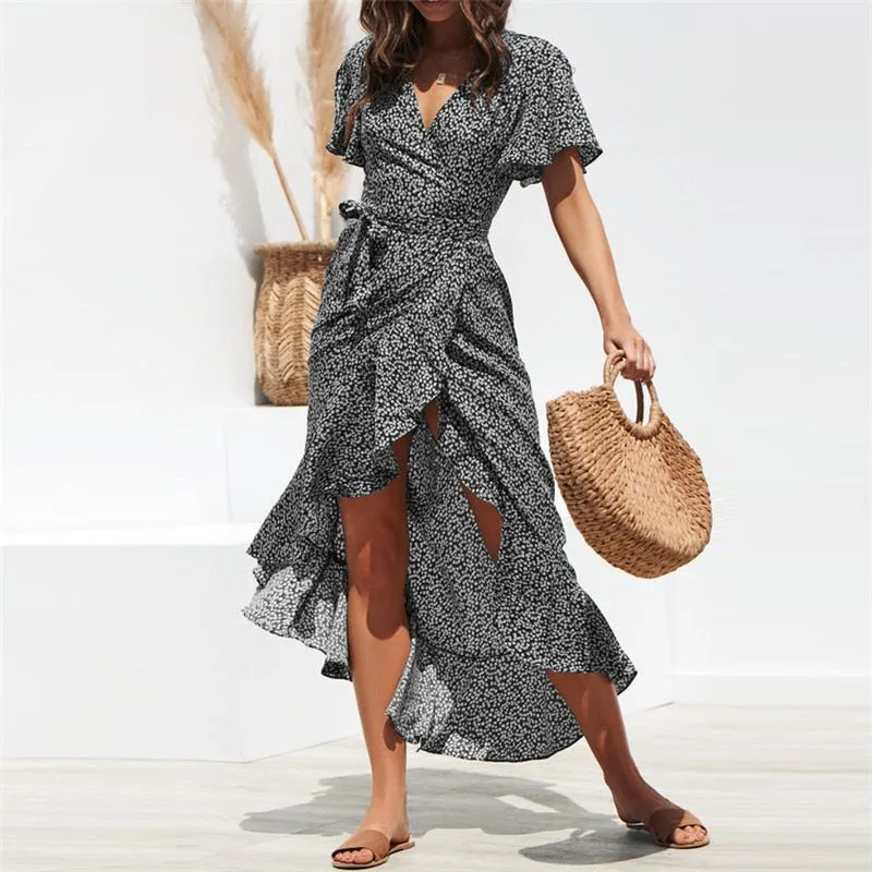 Summer Beach Maxi Floral Print Boho Long Dress Ruffles Wrap Casual V-Neck Split Beach Party Dress Robe