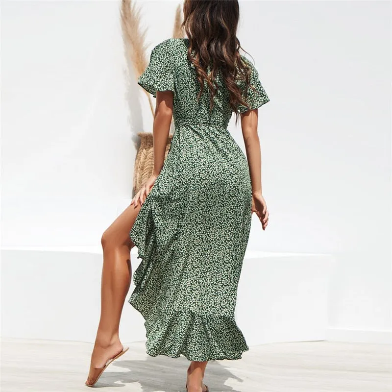 Summer Beach Maxi Floral Print Boho Long Dress Ruffles Wrap Casual V-Neck Split Beach Party Dress Robe