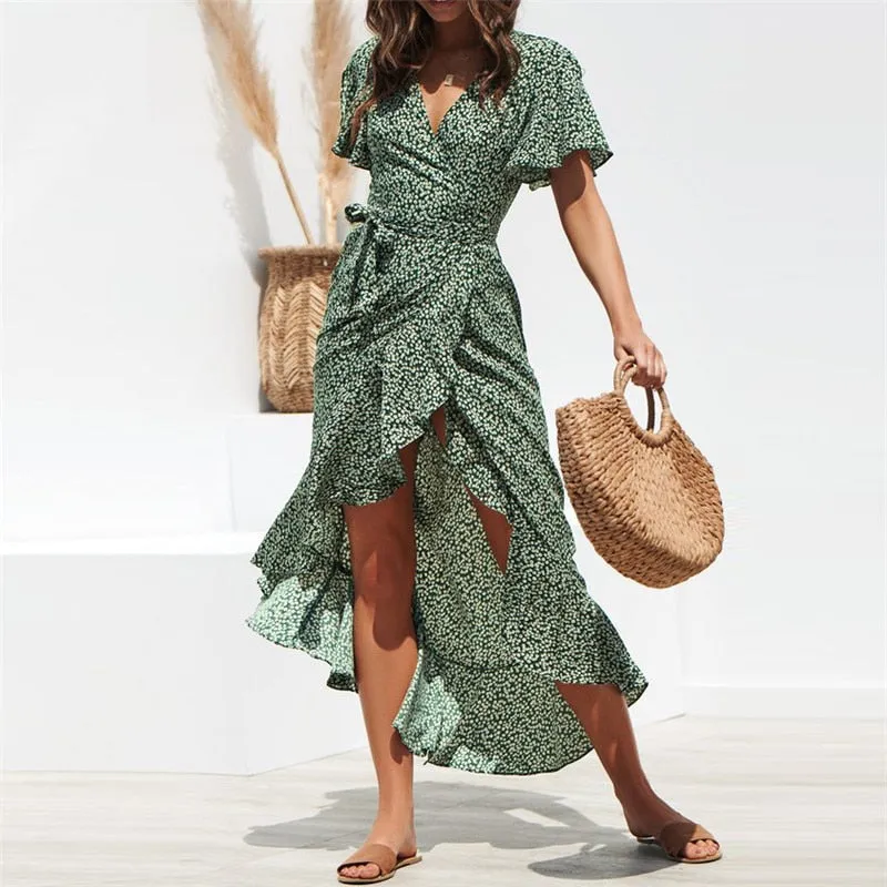 Summer Beach Maxi Floral Print Boho Long Dress Ruffles Wrap Casual V-Neck Split Beach Party Dress Robe