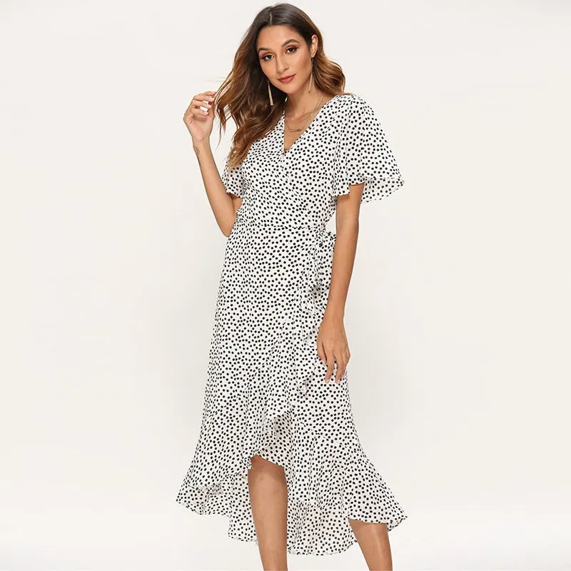 Summer Beach Maxi Floral Print Boho Long Dress Ruffles Wrap Casual V-Neck Split Beach Party Dress Robe