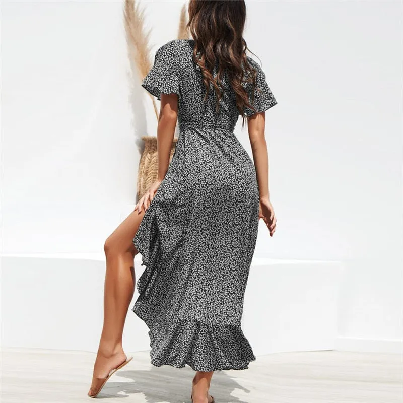 Summer Beach Maxi Floral Print Boho Long Dress Ruffles Wrap Casual V-Neck Split Beach Party Dress Robe