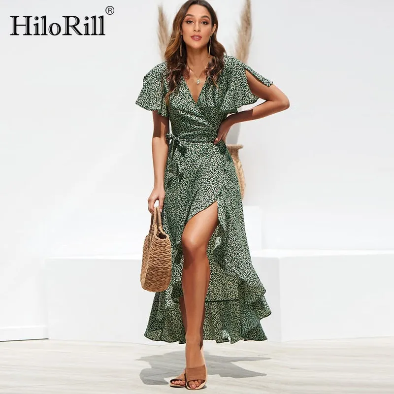 Summer Beach Maxi Floral Print Boho Long Ruffles Wrap Casual V-Neck Split  Party Dress