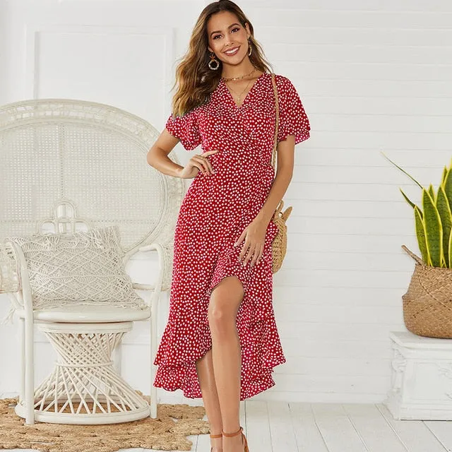 Summer Beach Maxi Floral Print Boho Long Ruffles Wrap Casual V-Neck Split  Party Dress