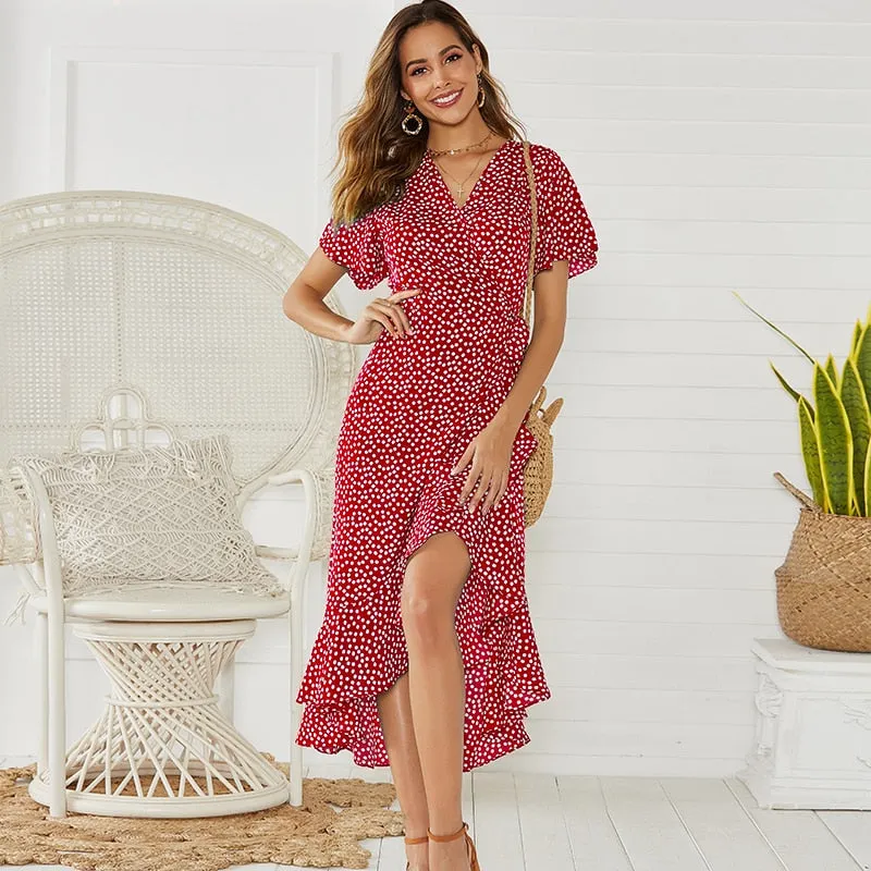 Summer Beach Maxi Floral Print Boho Long Ruffles Wrap Casual V-Neck Split  Party Dress