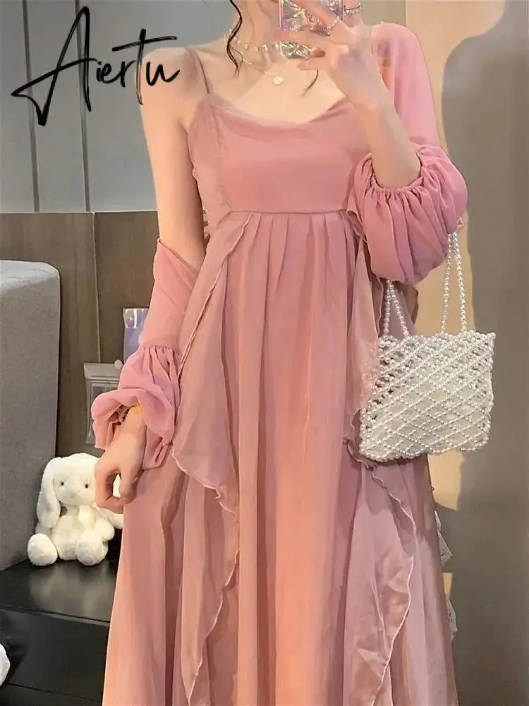 Summer Women Maxi Long Sundress Suspenders Solid Ruffls Fairy Vestidos Long Elegant Feminine Holiday Beach Romantic Dress