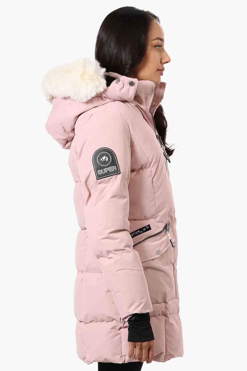 Super Triple Goose Faux Fur Thumb Hole Parka Jacket - Pink