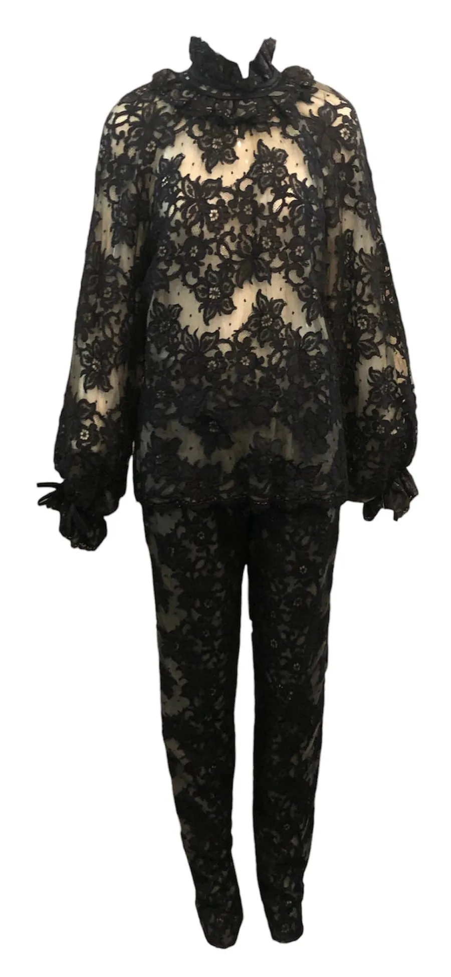 Swinging 60s Black Lace Pantsuit with Nude Underlay