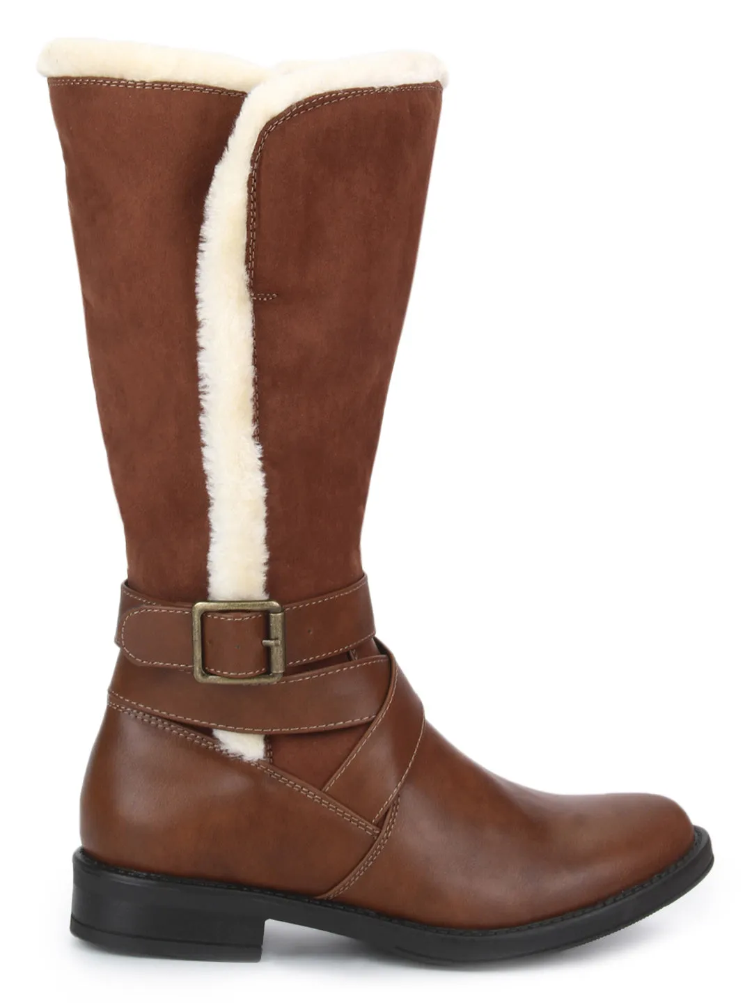 Tan PU Fur Buckle Long Boots