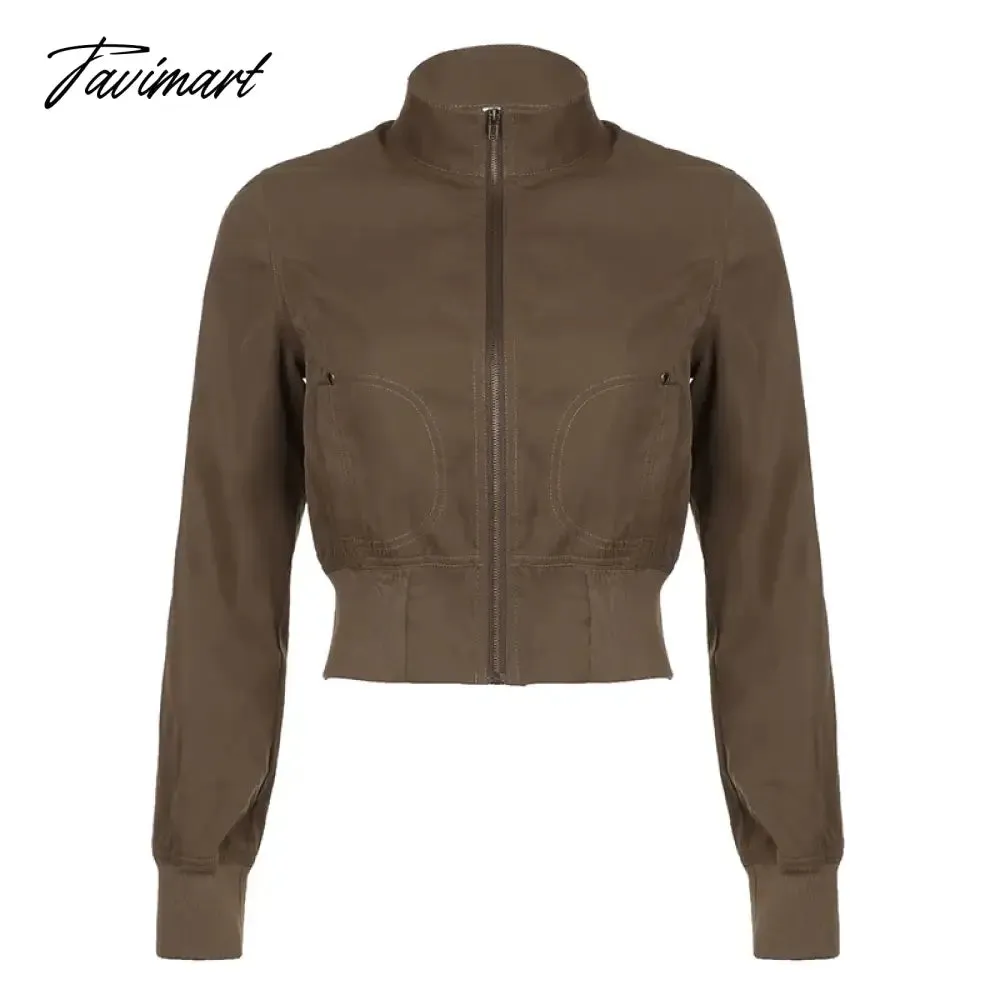 TAVIMART  -  American Retro Brown Turtleneck Zippered Jackets Y2k Fashion Slim Fit Coat Women 2024 Spring New Long Sleeve Tops Mujer