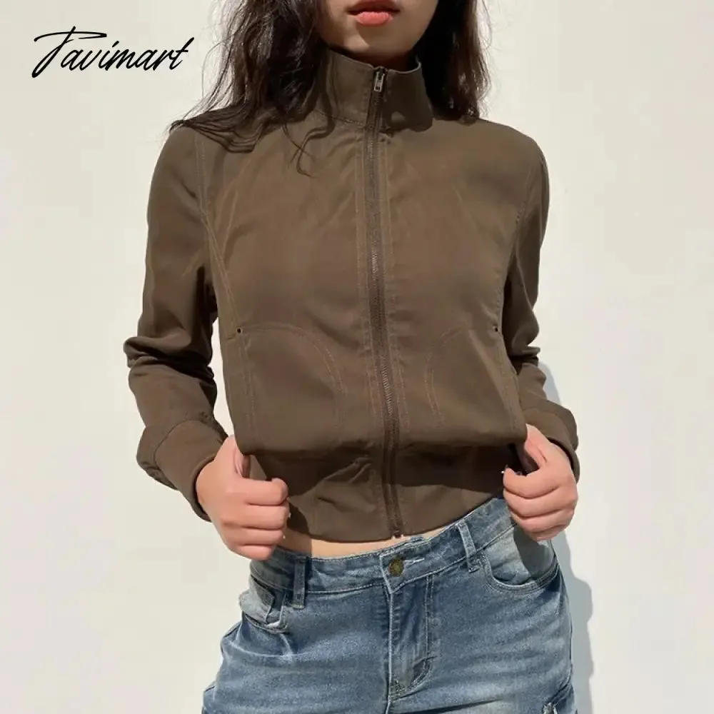 TAVIMART  -  American Retro Brown Turtleneck Zippered Jackets Y2k Fashion Slim Fit Coat Women 2024 Spring New Long Sleeve Tops Mujer