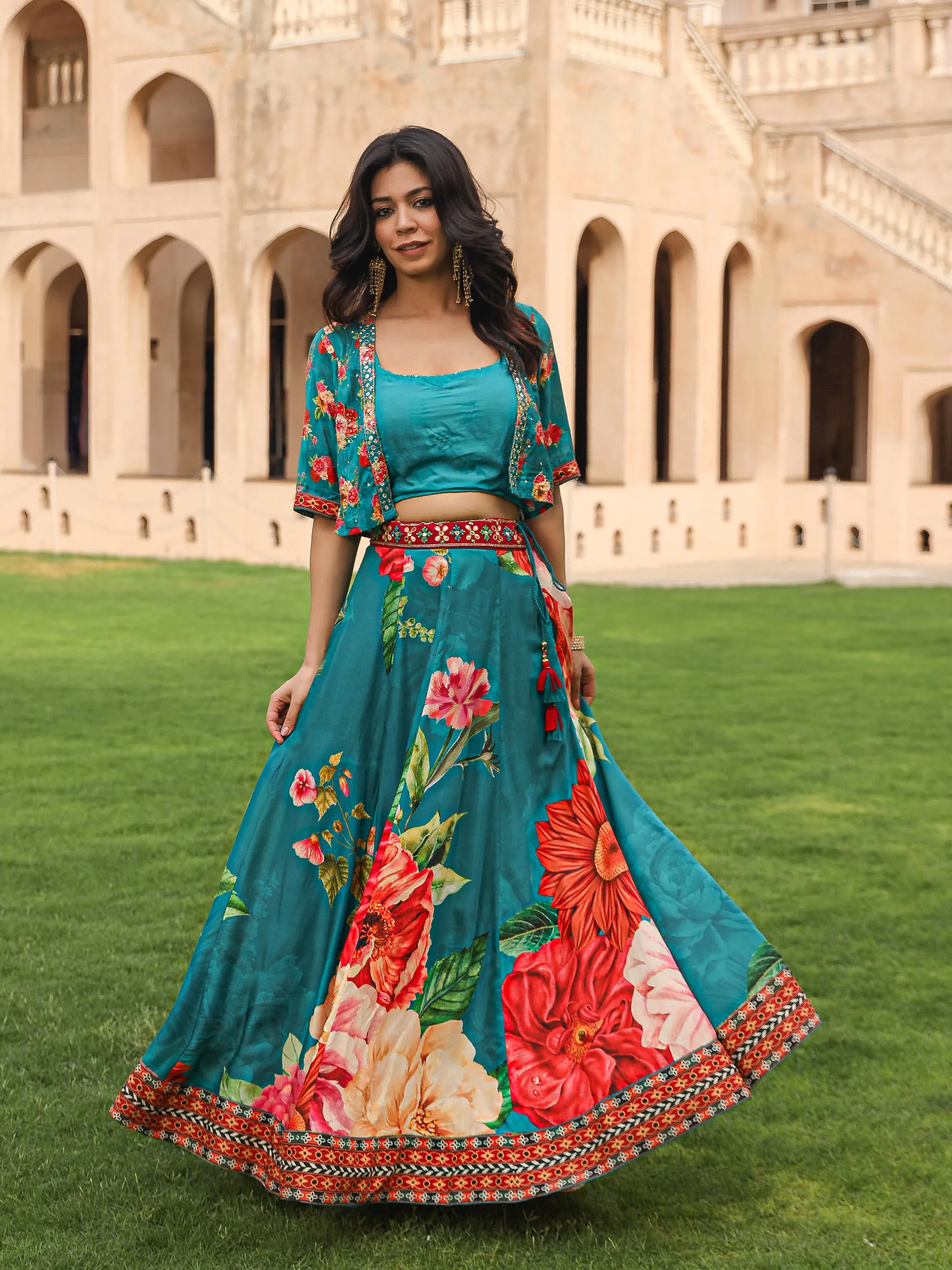 Teal Floral Printed Viscose Top, Shrug & Skirt Set With Sequins Zari & Mirror Work