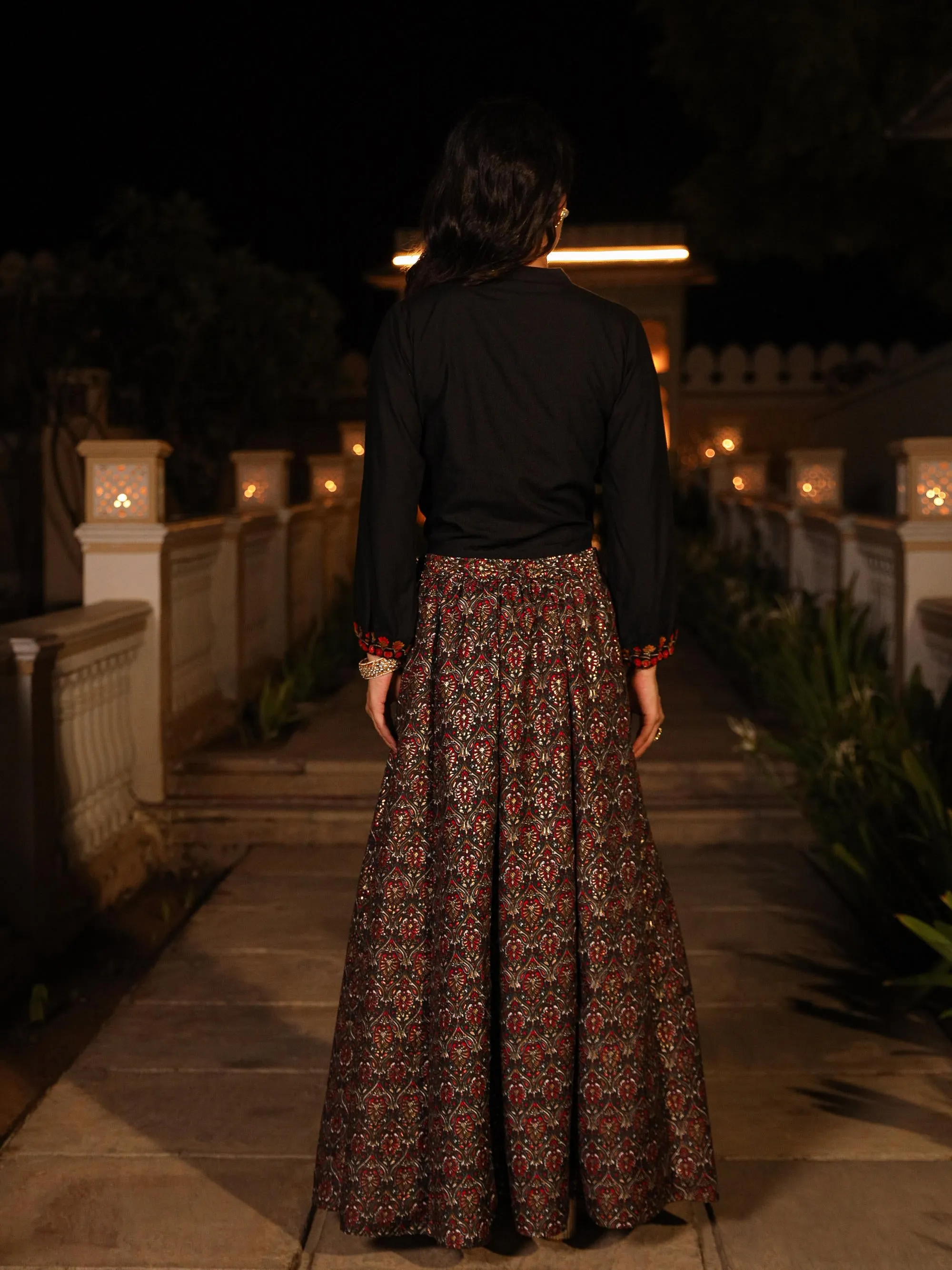 The Rekha Chitra Black Thread Embroidered Rayon Top & Printed Skirt Set With Beads & Mirror Work