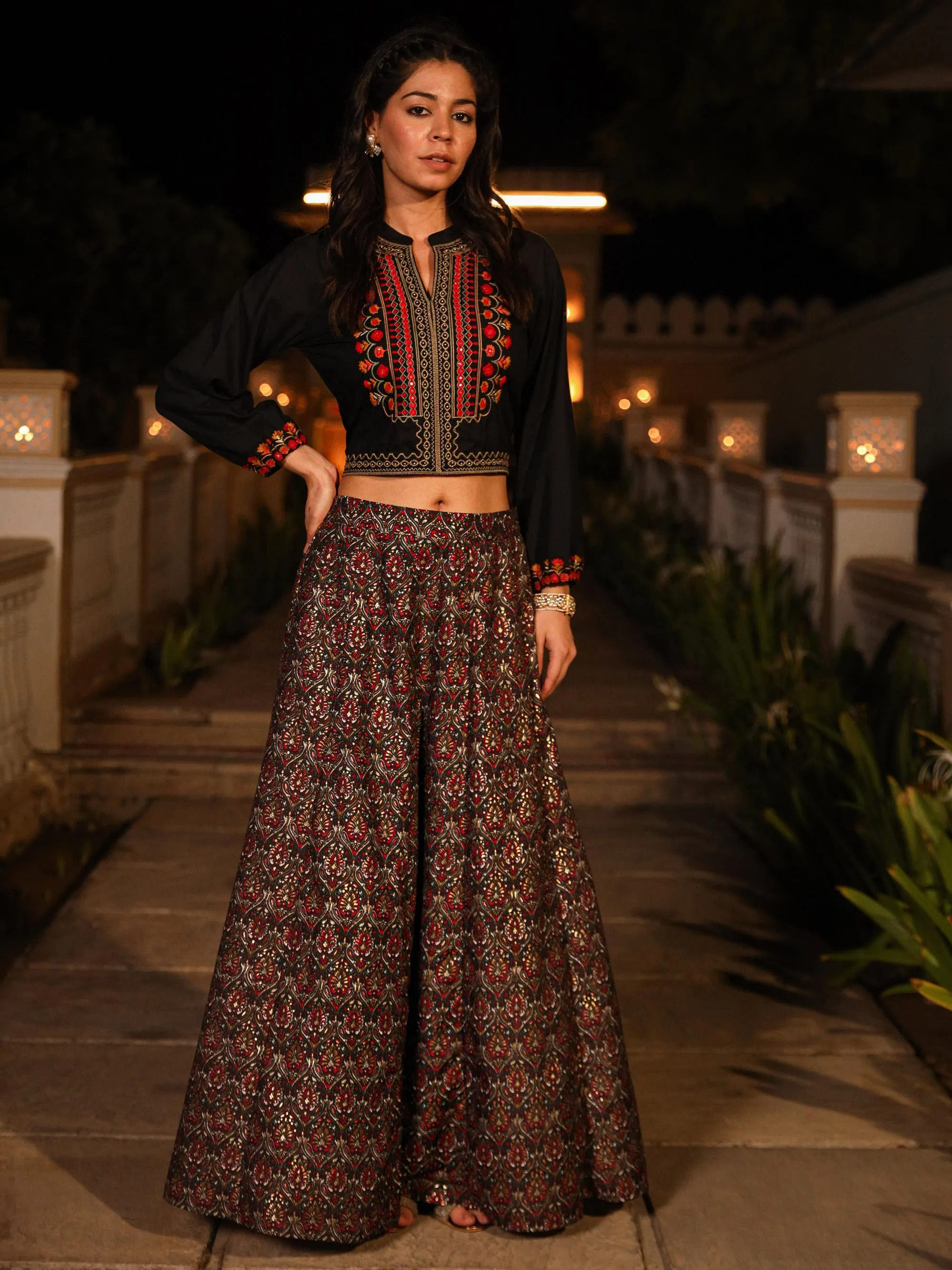 The Rekha Chitra Black Thread Embroidered Rayon Top & Printed Skirt Set With Beads & Mirror Work