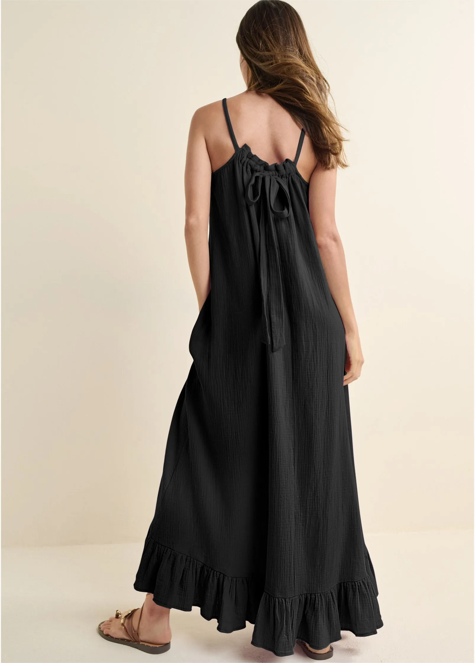 Tie-Back Ruffle Maxi Dress - Black