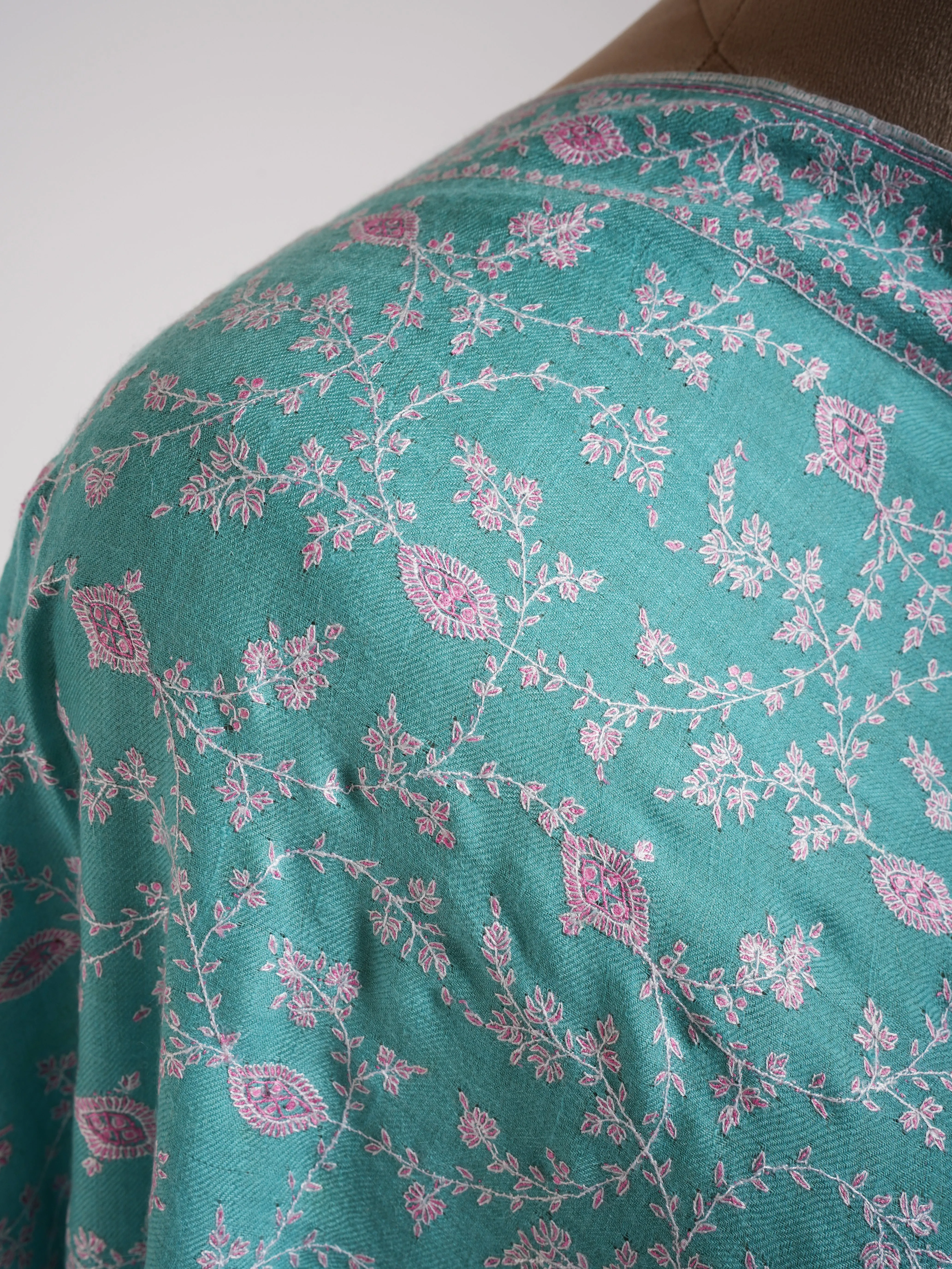 Tiffany Blue Pure Pashmina Shawl In Sozni Embroidery