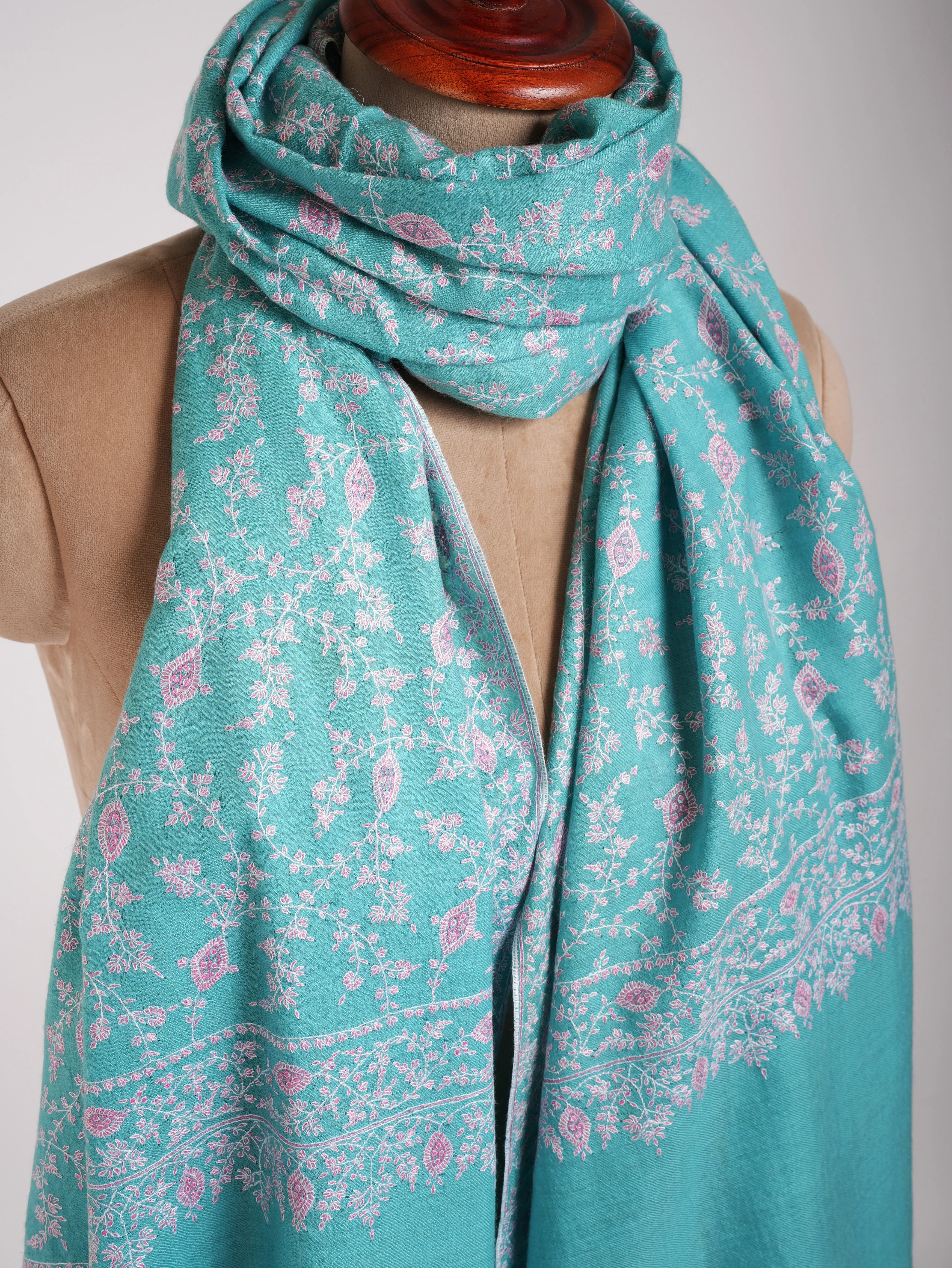 Tiffany Blue Pure Pashmina Shawl In Sozni Embroidery