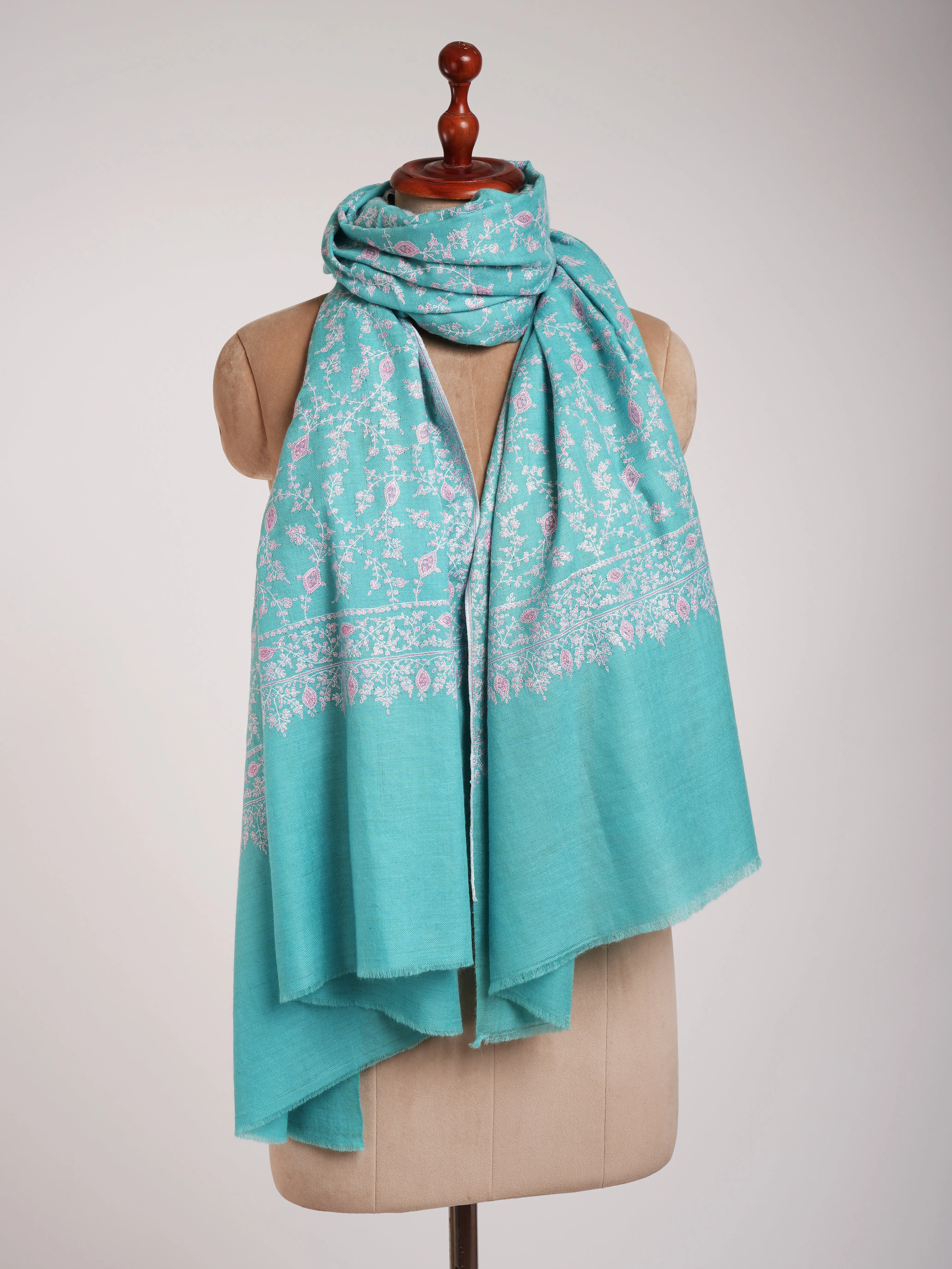 Tiffany Blue Pure Pashmina Shawl In Sozni Embroidery