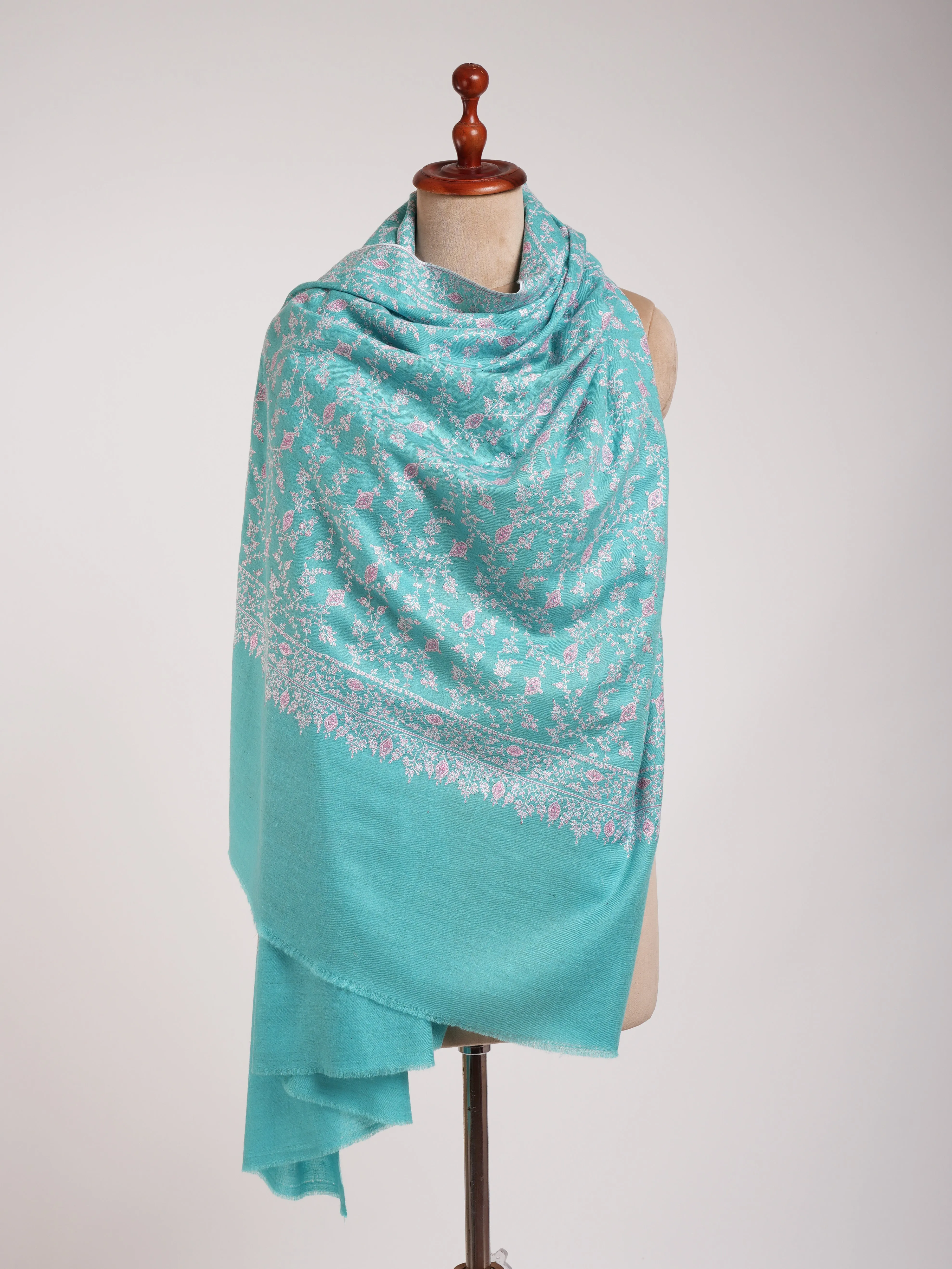 Tiffany Blue Pure Pashmina Shawl In Sozni Embroidery