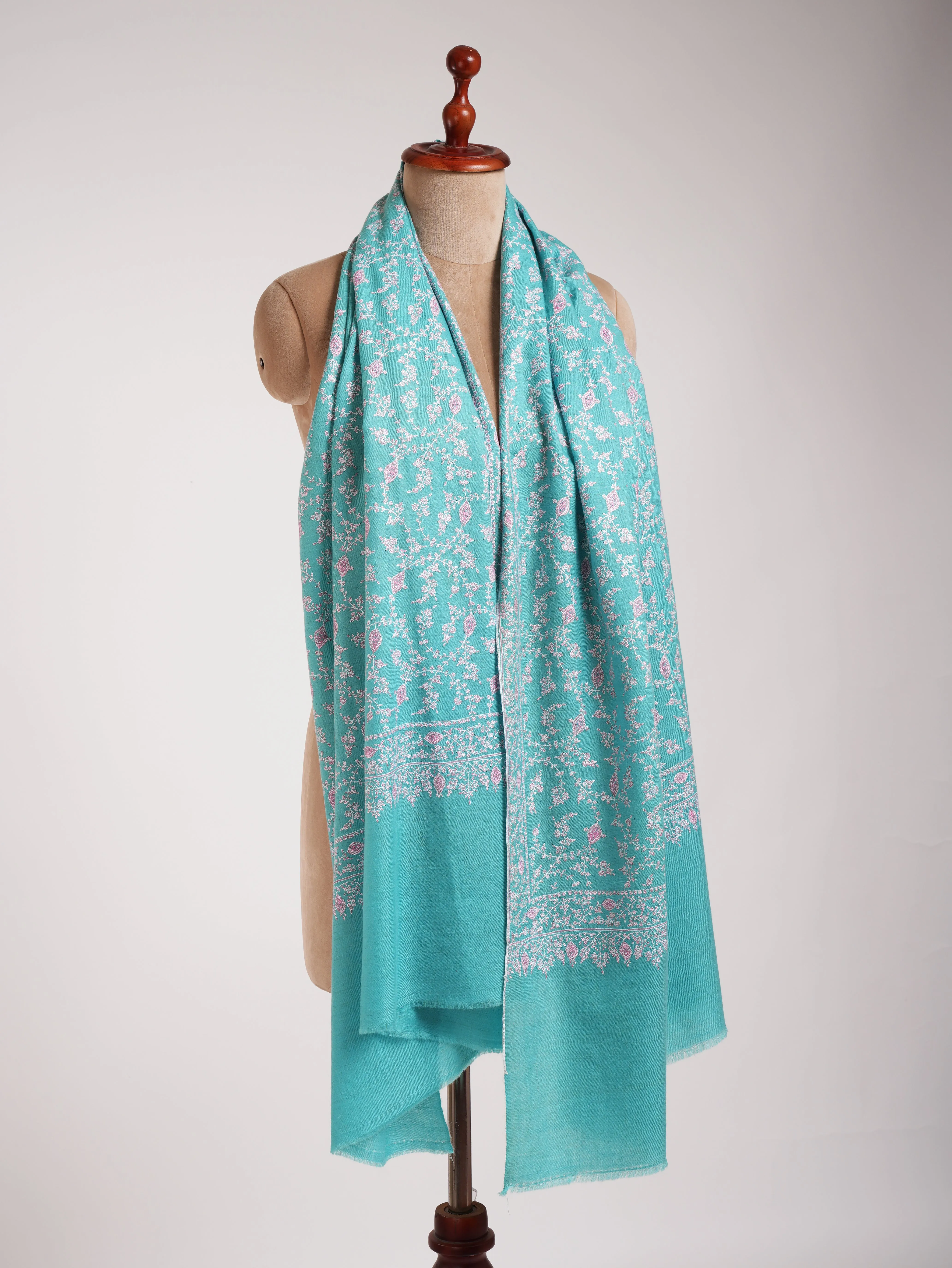 Tiffany Blue Pure Pashmina Shawl In Sozni Embroidery