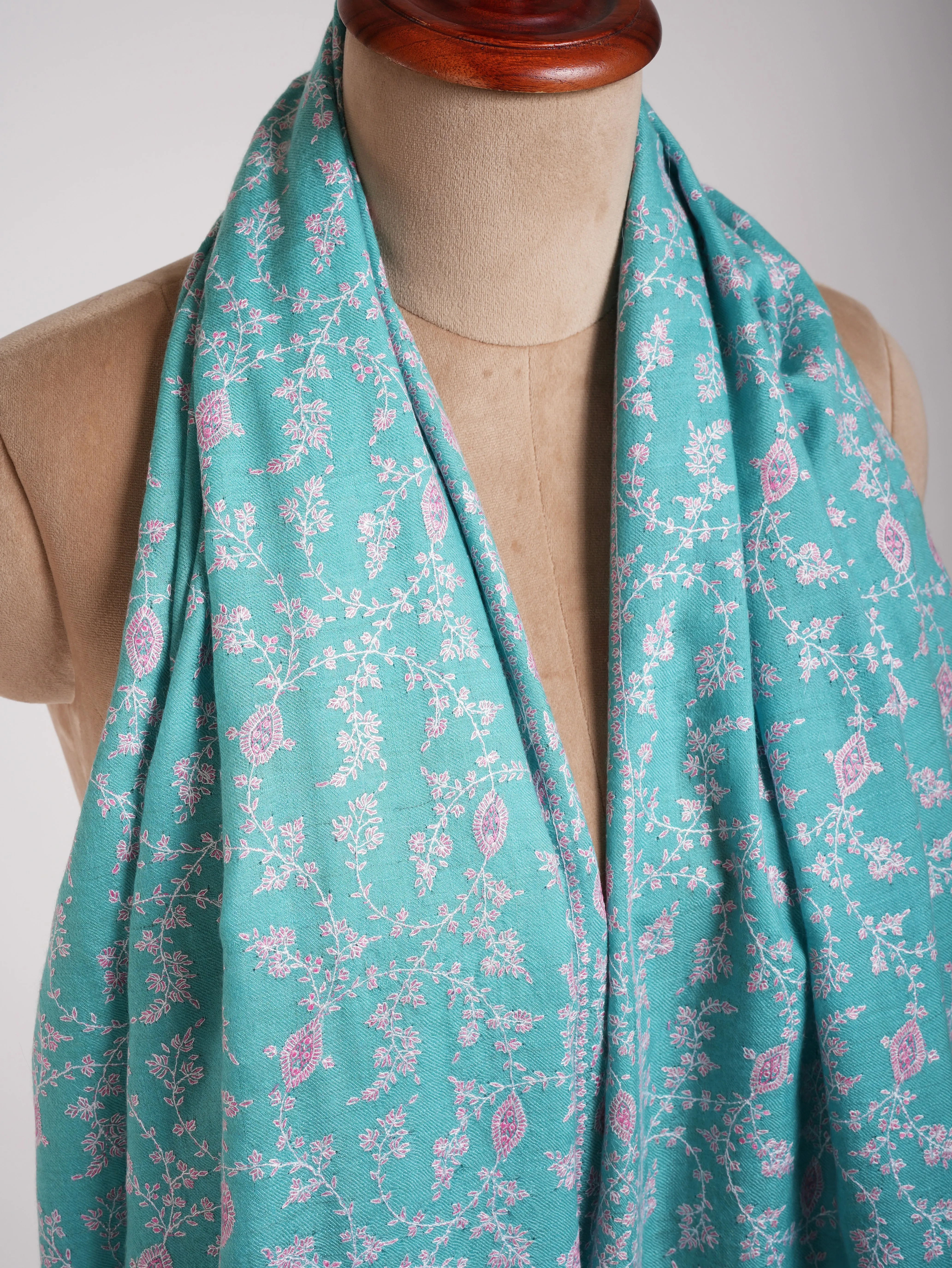 Tiffany Blue Pure Pashmina Shawl In Sozni Embroidery