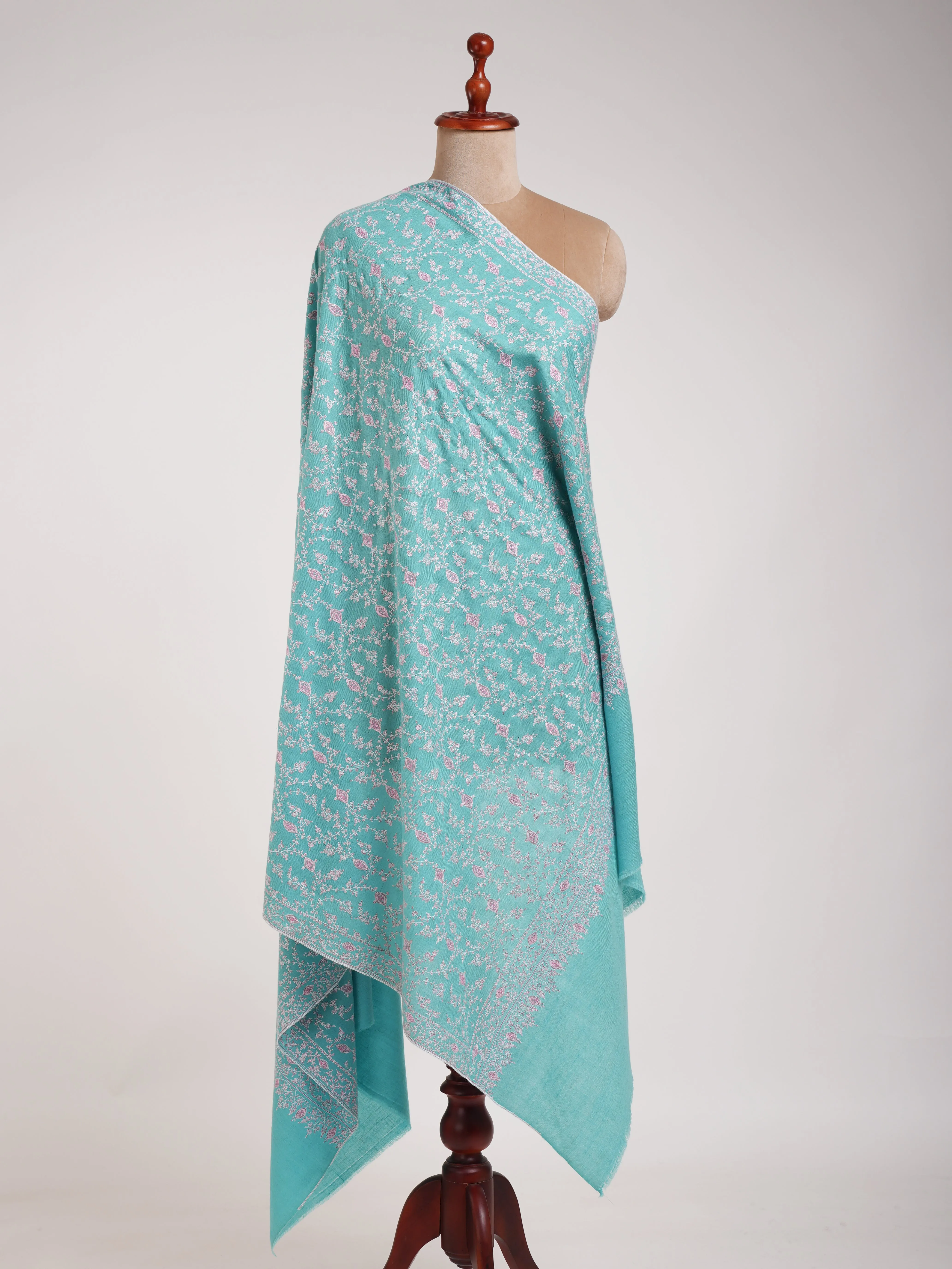 Tiffany Blue Pure Pashmina Shawl In Sozni Embroidery