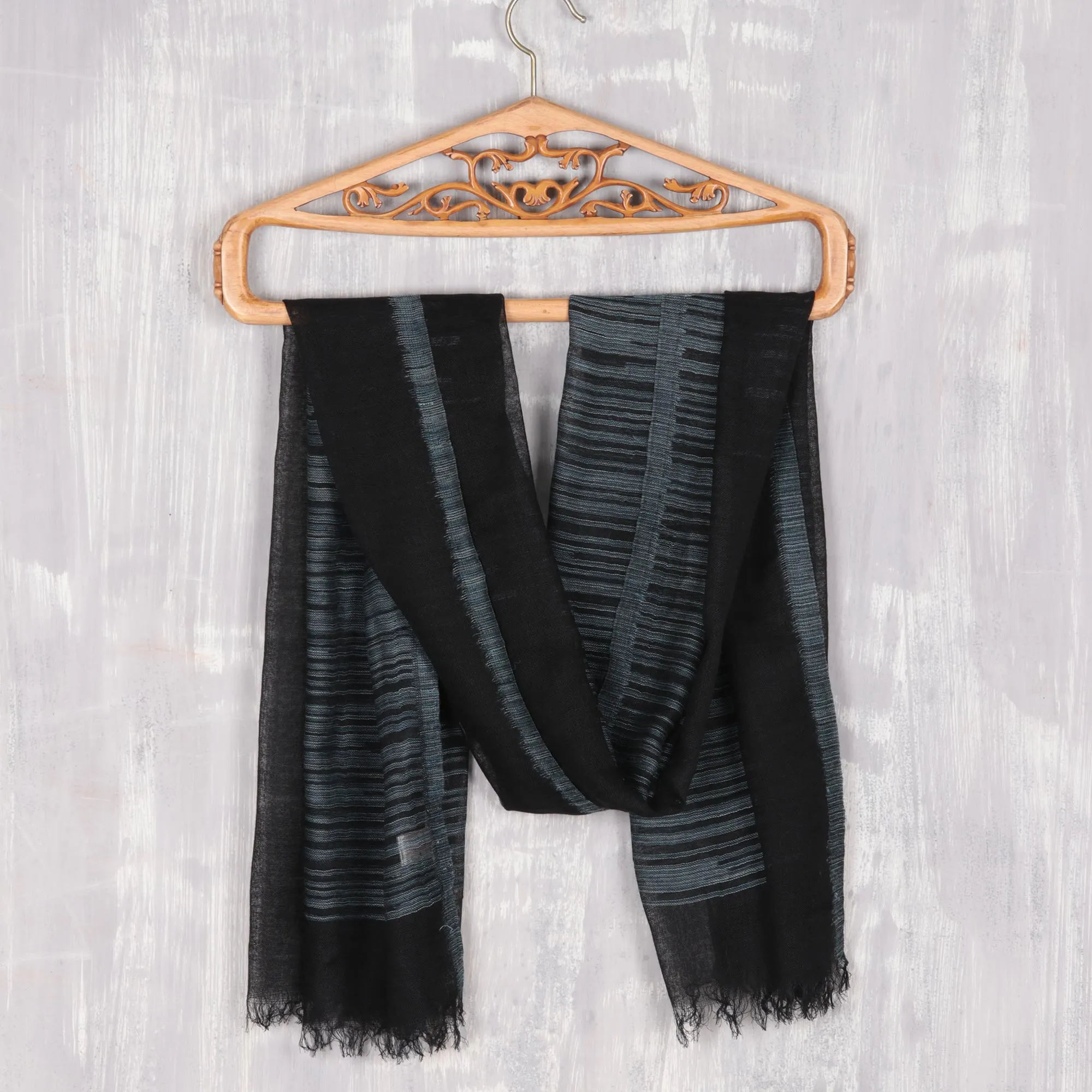 Tri-Tone Dark Wool Shawl Woven in India - Midnight Delight | NOVICA