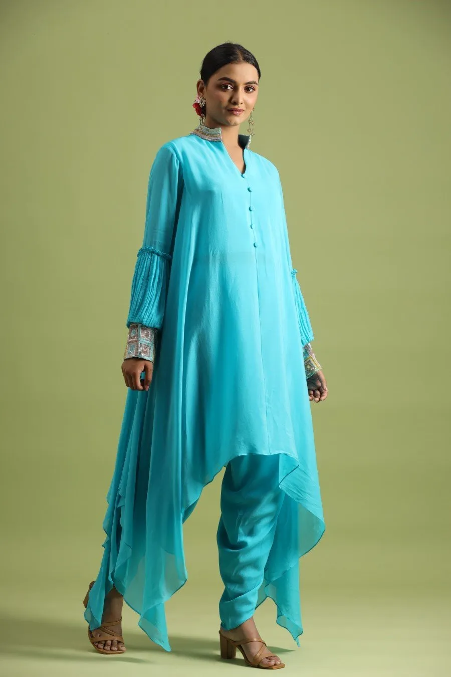 Turquoise Asymmetrical Tunic With Dhoti Pants