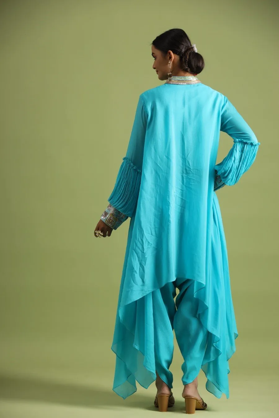 Turquoise Asymmetrical Tunic With Dhoti Pants