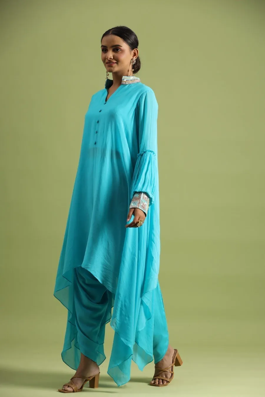 Turquoise Asymmetrical Tunic With Dhoti Pants