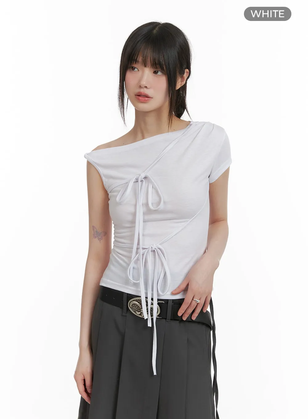 Twisted Asymmetrical Neck Short Sleeve Top CA418