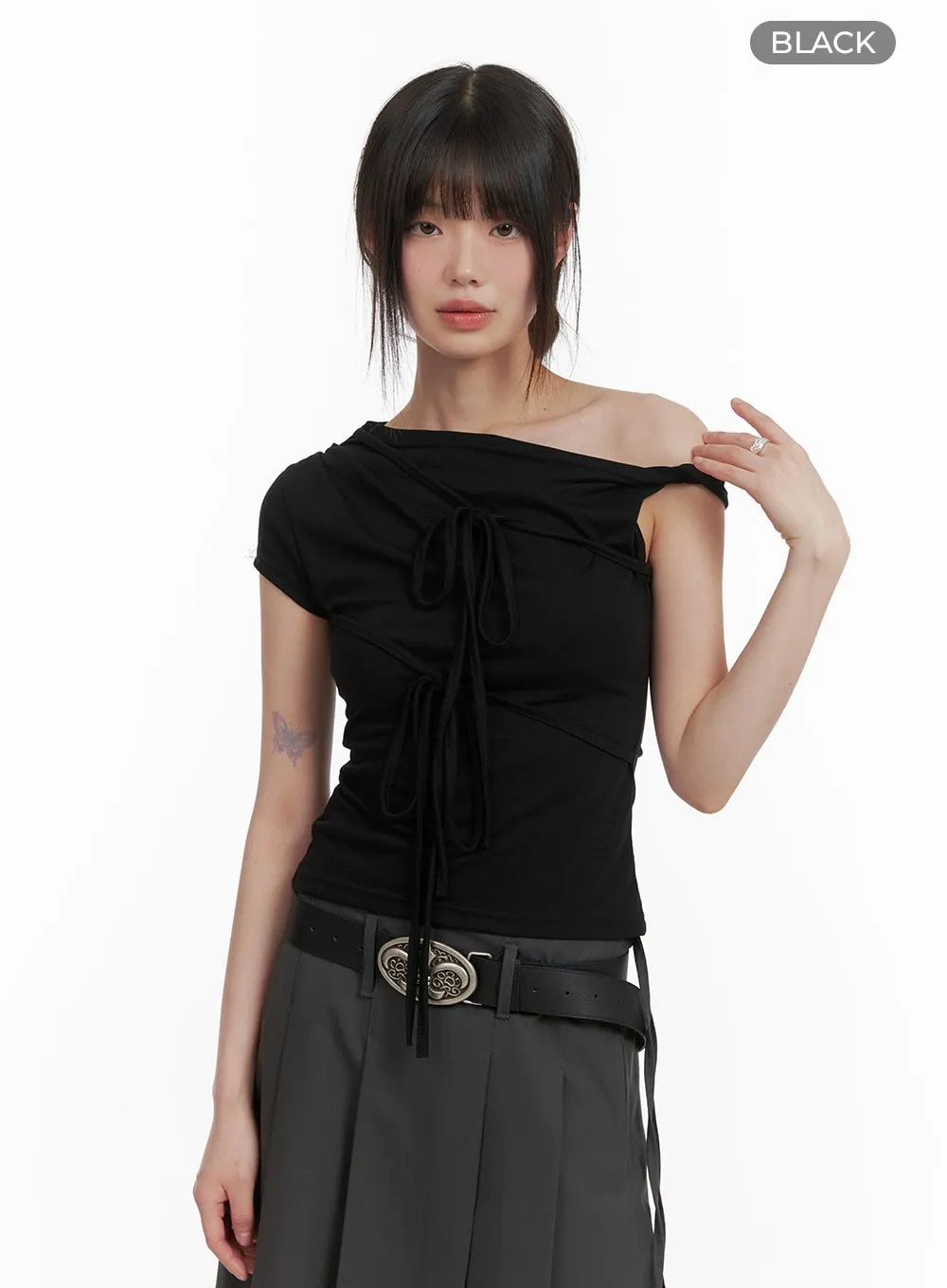 Twisted Asymmetrical Neck Short Sleeve Top CA418