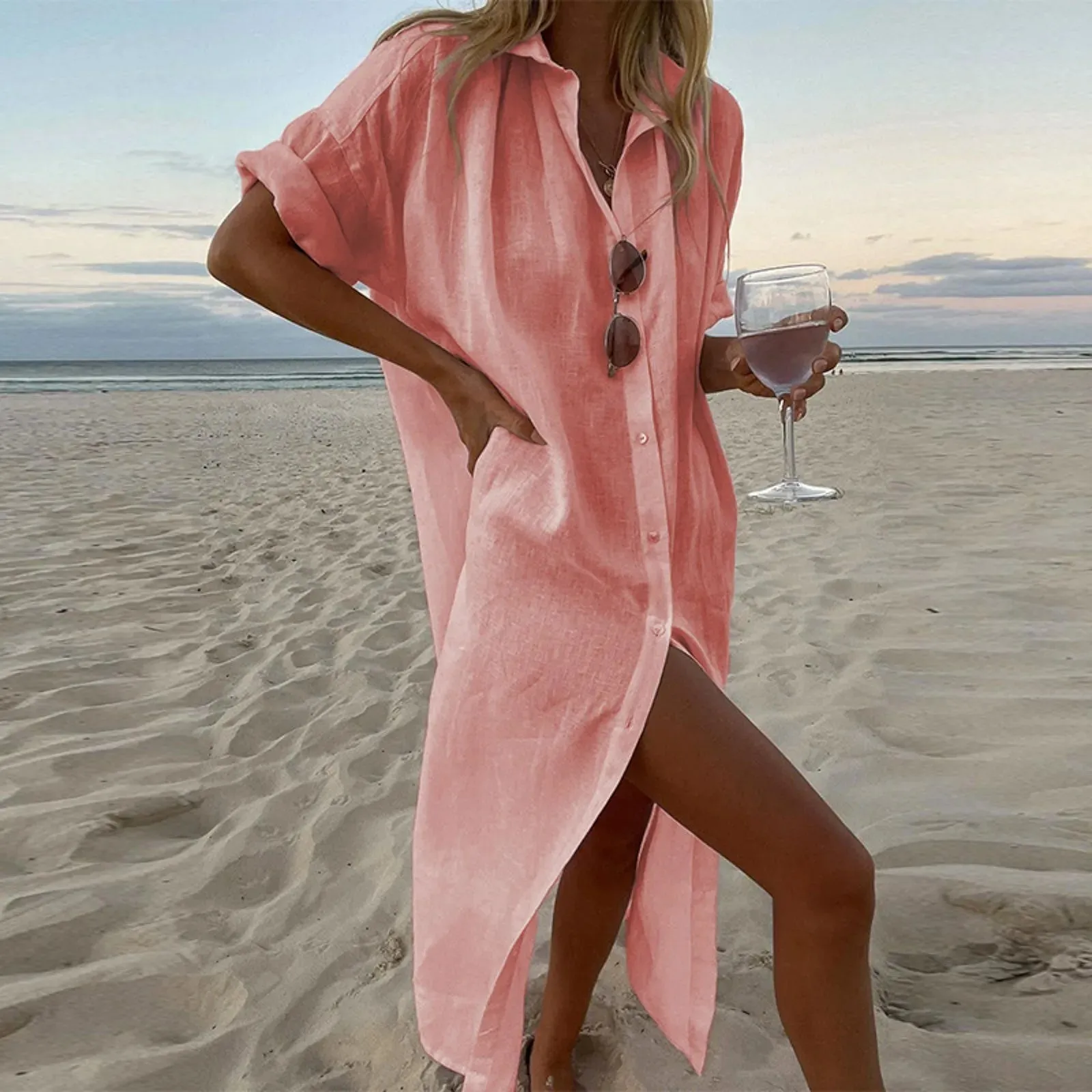 Uniwim Cotton Linen Long Shirt Dress for Women 2023 Summer Pure Color Casual Short Sleeve Dress Beach Female Clothing Y2K Vestido Robe