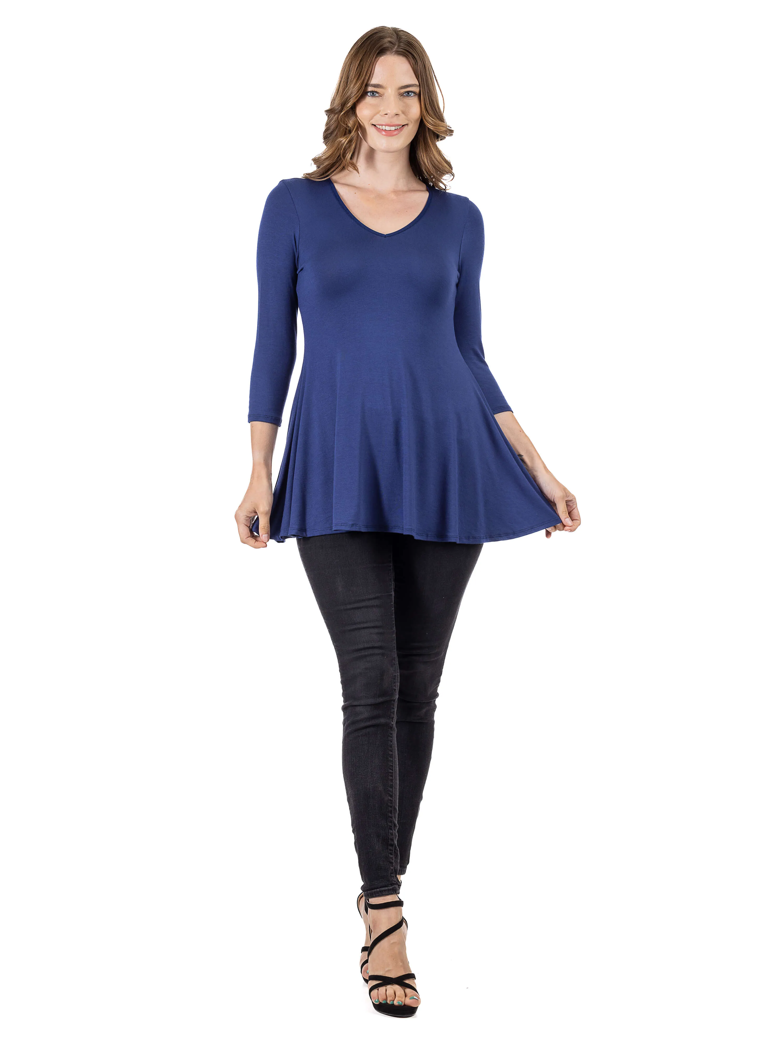 V-Neck Loose Fit Three Quarter Sleeve Tunic Top For Women