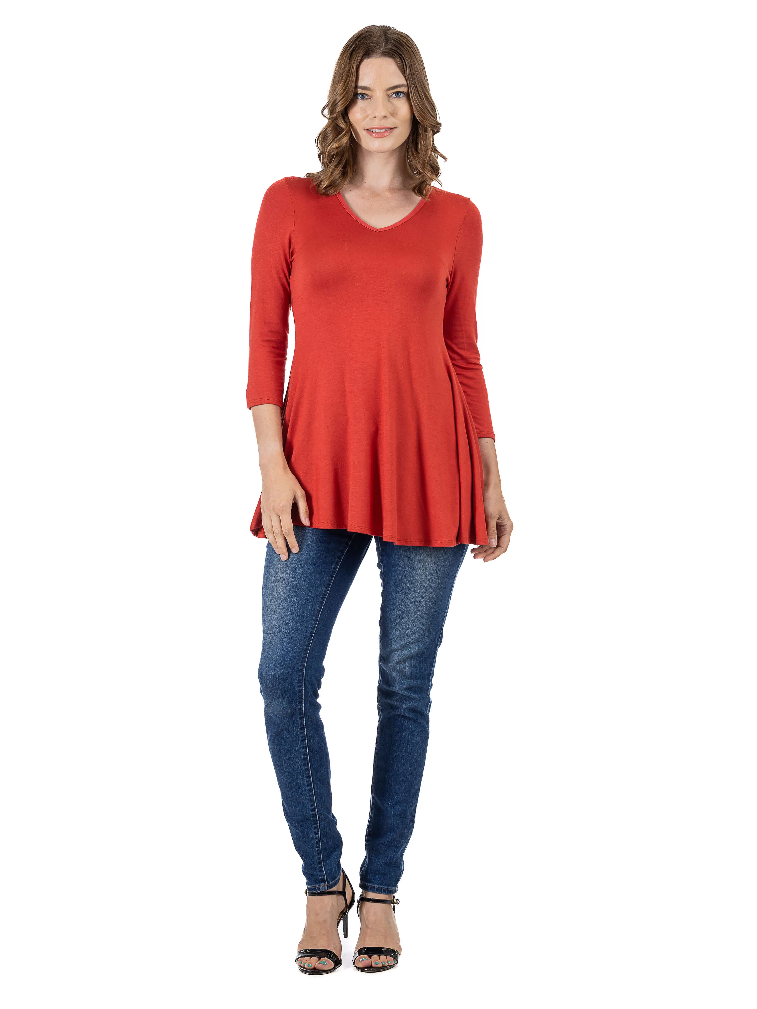 V-Neck Loose Fit Three Quarter Sleeve Tunic Top For Women