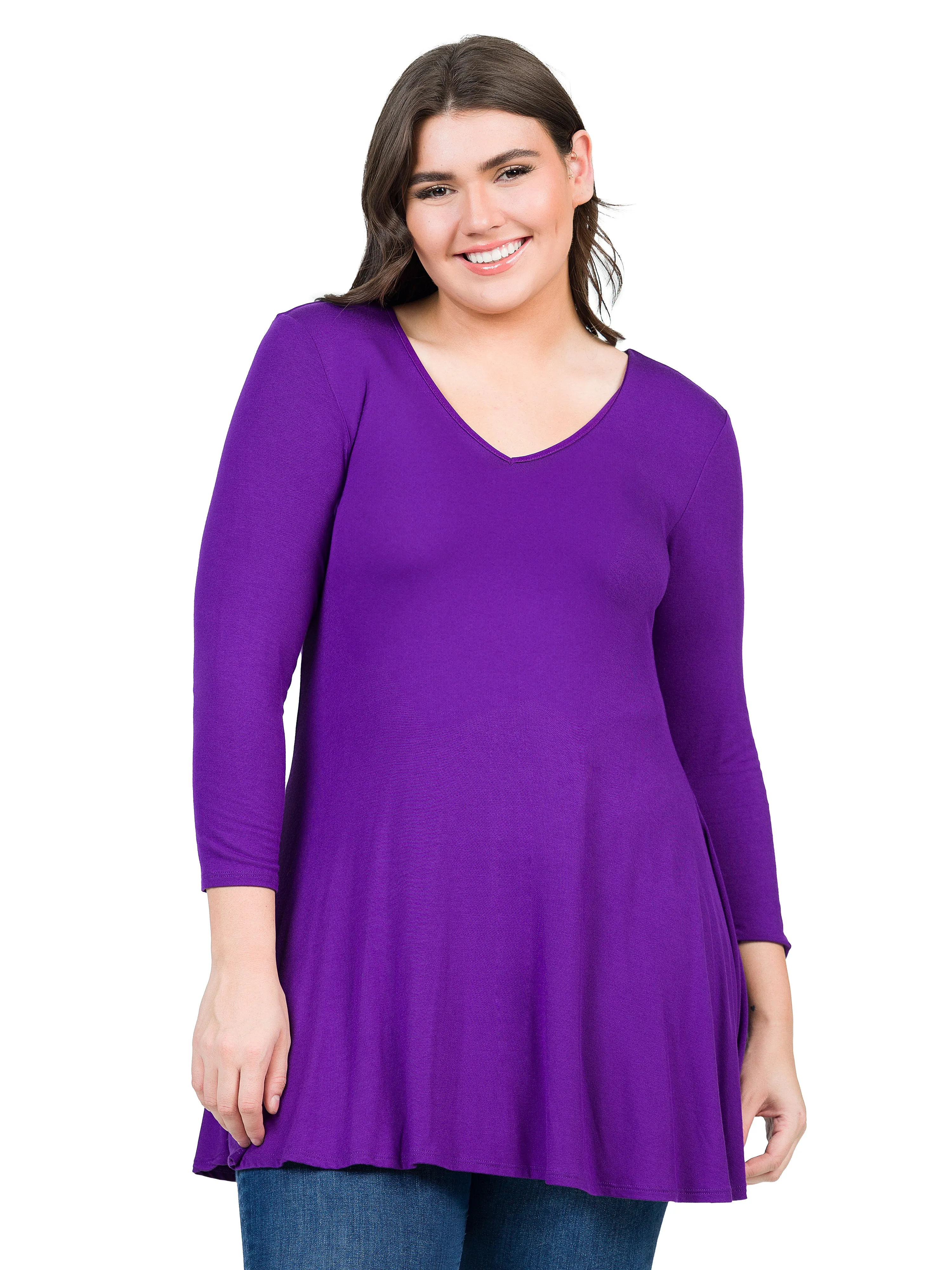 V-Neck Plus Size Three Quarter Sleeve Tunic Top For Women