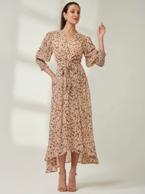 V Neck Tie Waist Puff Sleeve Maxi Dress, Brown Floral