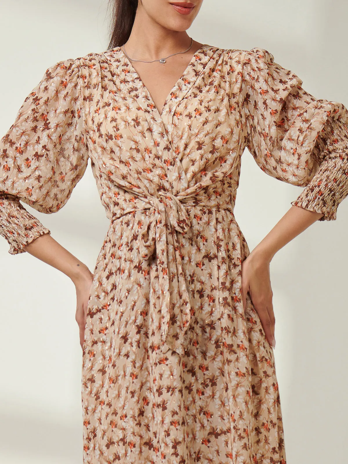 V Neck Tie Waist Puff Sleeve Maxi Dress, Brown Floral