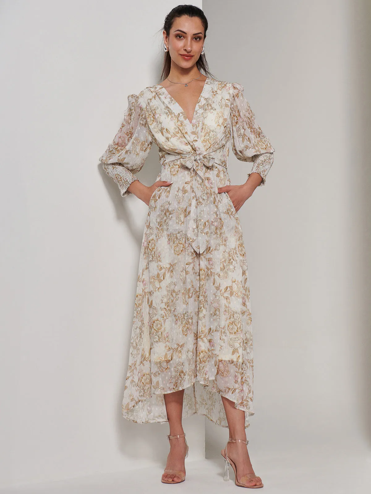 V Neck Tie Waist Puff Sleeve Maxi Dress, Cream Floral